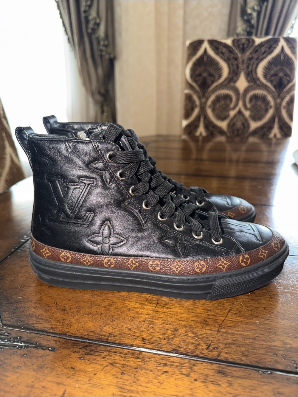 Louis Vuitton Black Leather High-Top Sneakers with Brown Monogram Trim